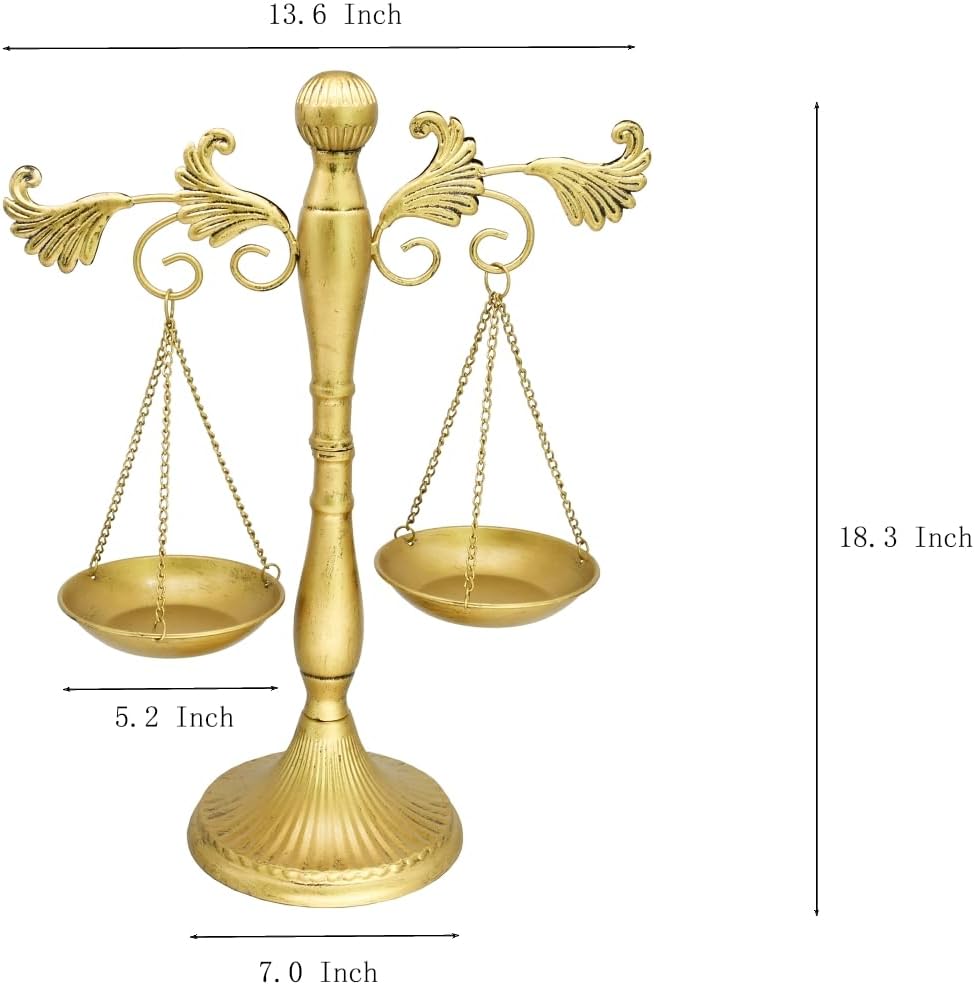 OwlGift Vintage Metal Libra Jewelry Display, Antique Scale Tray Cosmetic Organizer, Farmhouse Candleholder Lawyer of Justice, Unique Centerpiece Stand Storage – Golden,13.6" W x 18.3" H