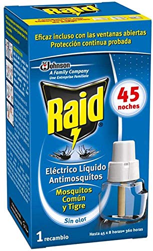 Raid Recambio Eléctrico Líquido 45 Noches - Cargador para Aparato Enchufe antimosquitos comunes y Tigre, sin Olor