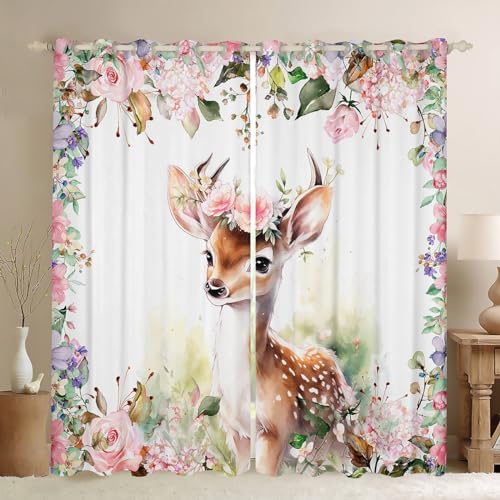 Feelyou Cute Deer Curtains for Bedroom Living Room (2 Panels, 52 x 63 Inch) Kids Cartoon Animal Blackout Curtains Flower Floral Print Darkening Drapes Farm Zoo Garden Theme Window Treatments