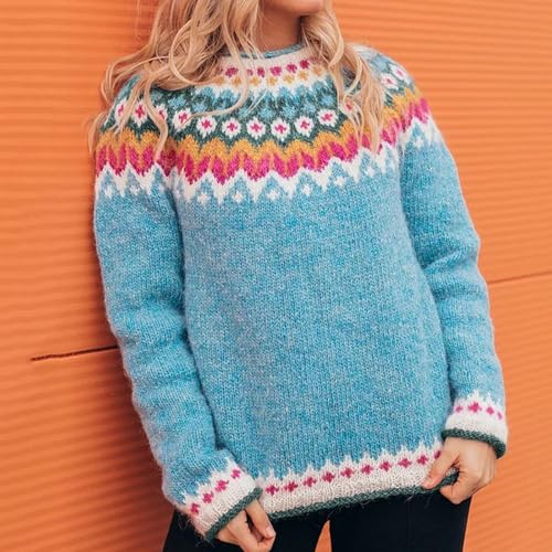 GOKKILRW Fair Isle Sweater Women Vintage Ethnic Jumpers Colorful Long Sleeve Crewneck Knitted Argyle Jacquard Pullover Tops4