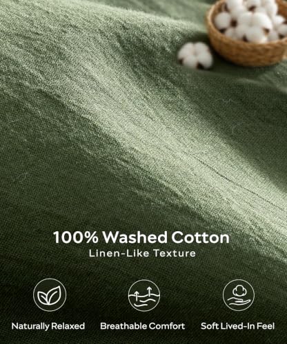 Image of JELLYMONI 100% Washed Cotton Duvet Cover King (Olive Green, 104 inchx90 inch)