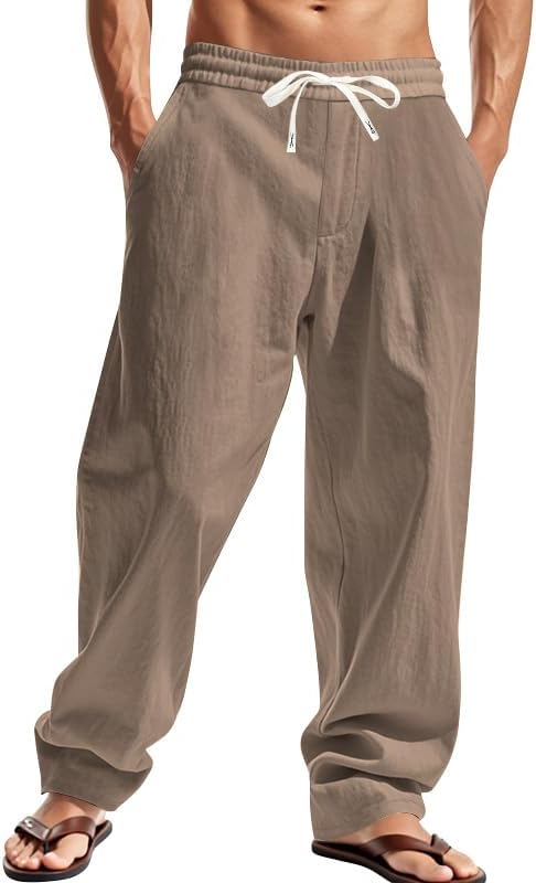 Mens Linen Pants Casual Summer Beach Pants Elastic Waist Drawstring Lightweight Vacation Trousers with Pockets - Amazon product rated Grade B