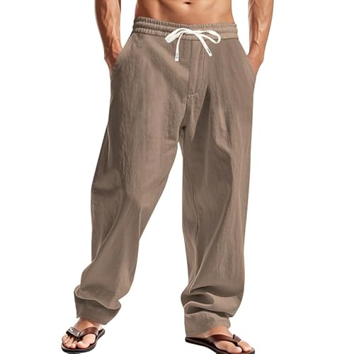 TAFLE Mens Linen Pants Casual Summer Beach Pants Elastic Waist Drawstring Lightweight Vacation Trousers with Pockets Coffee