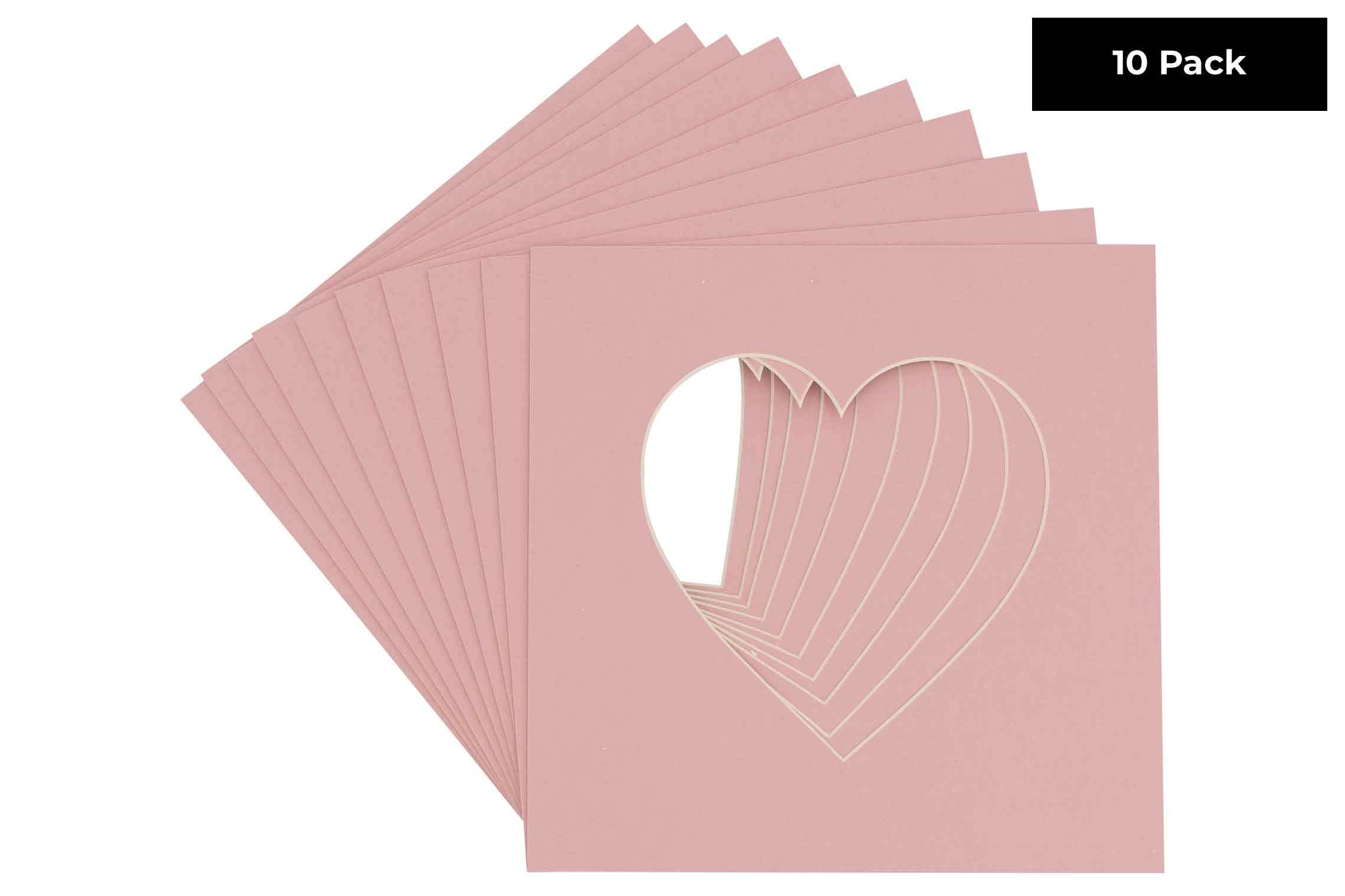 CountryArtHouse Pink Acid Free 8x8 Heart Picture Frame Mat with White Core Bevel Cut for 4x4 Pictures - Fits 8x8 Frame - Pack of 10 Matboard Show Kits with Acid Free Backings & Clear Bags