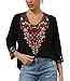 Higustar Boho Embroidered Tops for Women Mexican Style Peasant Blouses Traditional Bohemian Tunic Shirts Hippie Clothes Black