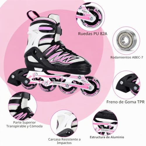 Miniatura 6 de Beleev Patines En Línea Para Niños Con Cordones Y Ruedas Luminosas Led, Austables Patines Ideal Para Niña Niño Principiantes Hombres Mujeres, Interiore Exteriores, Regalos Cumpleaños Navidad- Pink L