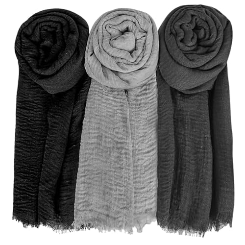 Perwteriy Bufanda de algodón para mujeres, 3pcs de 71x35 pulgadas bufanda suave, chal de arrugas vintage con bordes con flecos, lavable largo para mujeres en playa casual viajar fuera