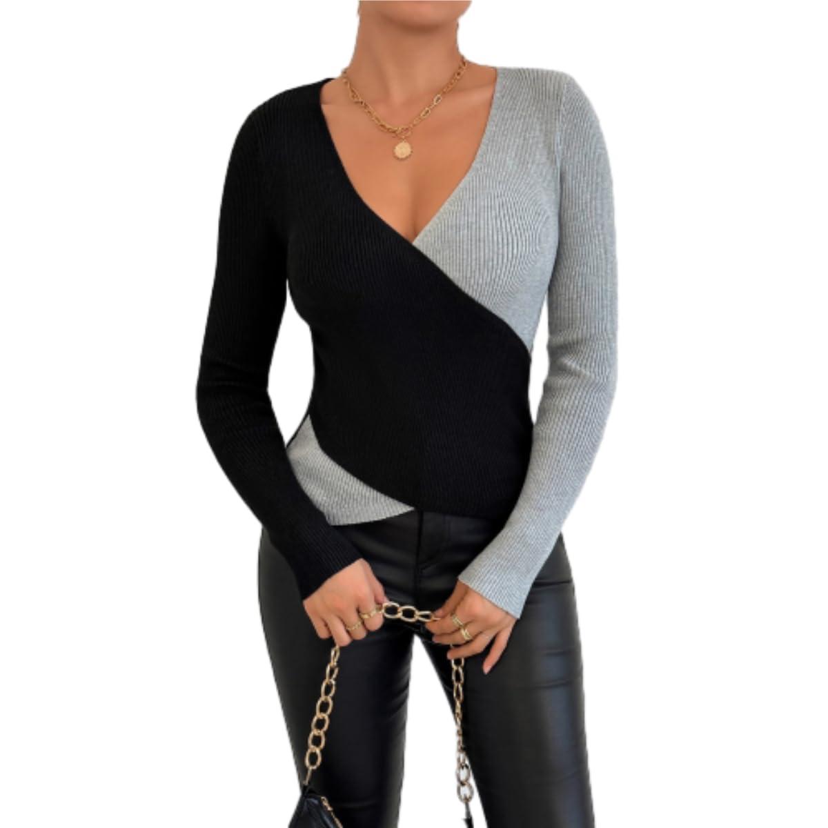 Womens Color Block Ribbed Knit Sweater Cross V Neck Long Sleeve Slim Fit Pullover Casual Fall Winter Knit