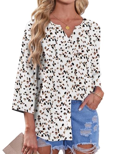 Image of OFEEFAN Button Down Shirts for Women 3 /4 Length Sleeve Tops V Neck Blouses Business Casual Outfits Loose Fit