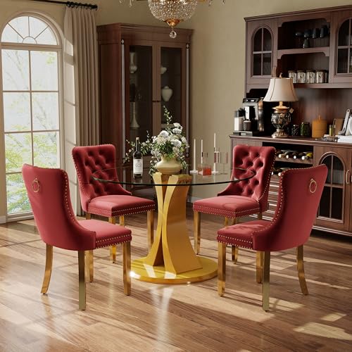 Image of 5-Piece Dining Table Set with 39In Tempered Glass Table and 4 Velvet Upholstered Chairs, Modern Scandinavian Furniture for Dining Room Kitchen(Burgundy&Gold)