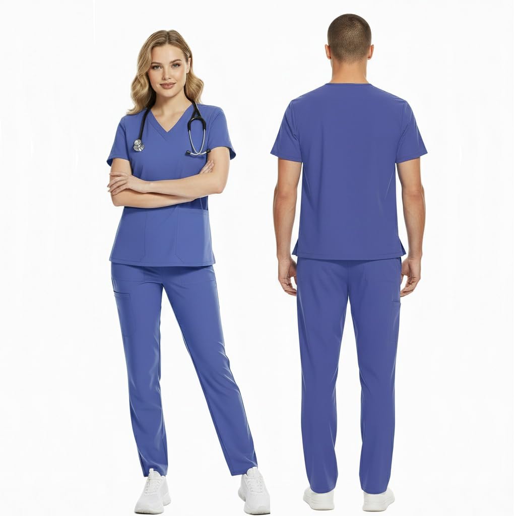 Conjunto de Pijama Quirúrgico de Manga Corta Unisex Top con Cuello en V y 2 Bolsillos Pantalón Recto con Cintura Ajustable Uniforme Médico DK86