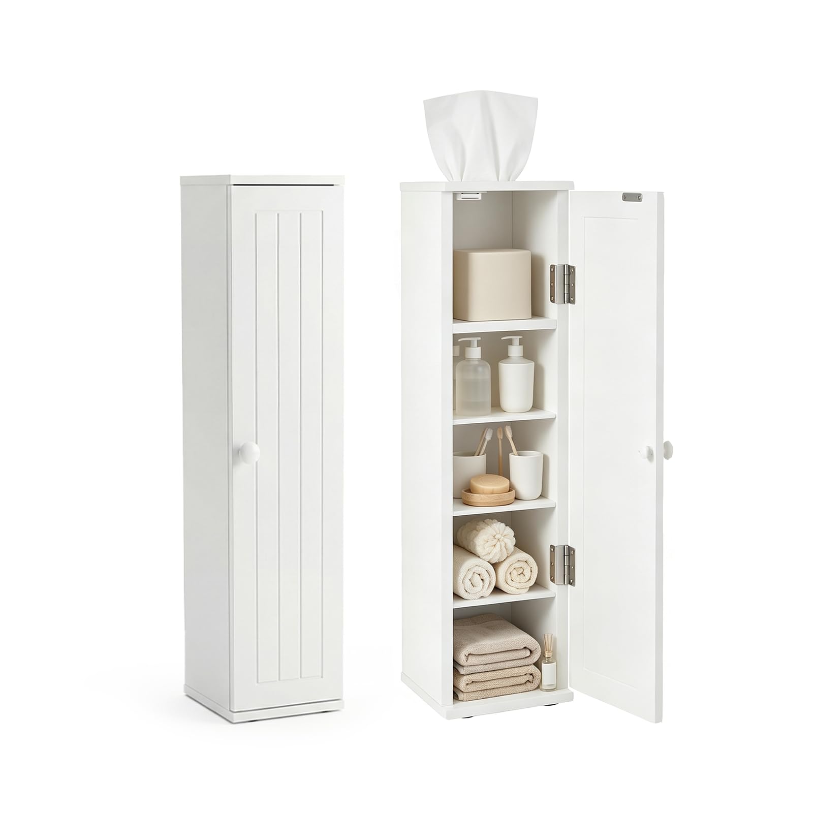 LIFEZEAL Armario para Papel Higiénico de Baño, Independiente con 5 Compartimentos y 3 Estantes Desmontables, de Suelo con Una Puerta, Blanco