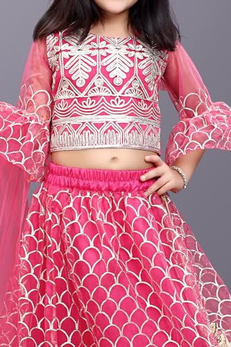 Image of Girl's Princess Lehenga Choli Set - Soft Net, Ribbon Embroidery With Duppata, Readymade