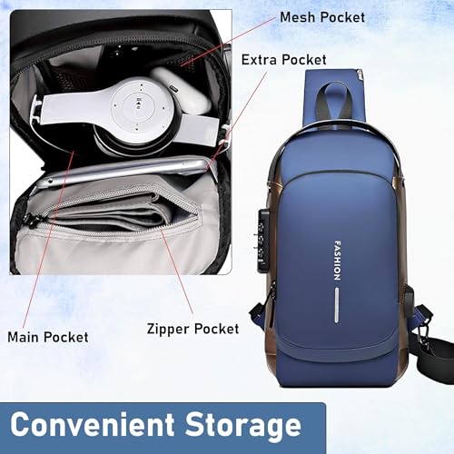 Image of Sling Bag for Men Stylish Crossbody Backpack for Men & Women, Anti-Theft Chest Bag with USB Charging Port, Messenger Bags, Casual Shoulder Bag (Blue-Gold)