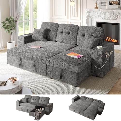 Image of 90 Inch Modular Sectional Sleeper Sofa Bed, 4 in 1 Pull Out Couch Bed with Reclining Backrest | Reversible Storage Chaise | Wide Armrest | Tool Free Assembly, Chenille Fabric, Grey