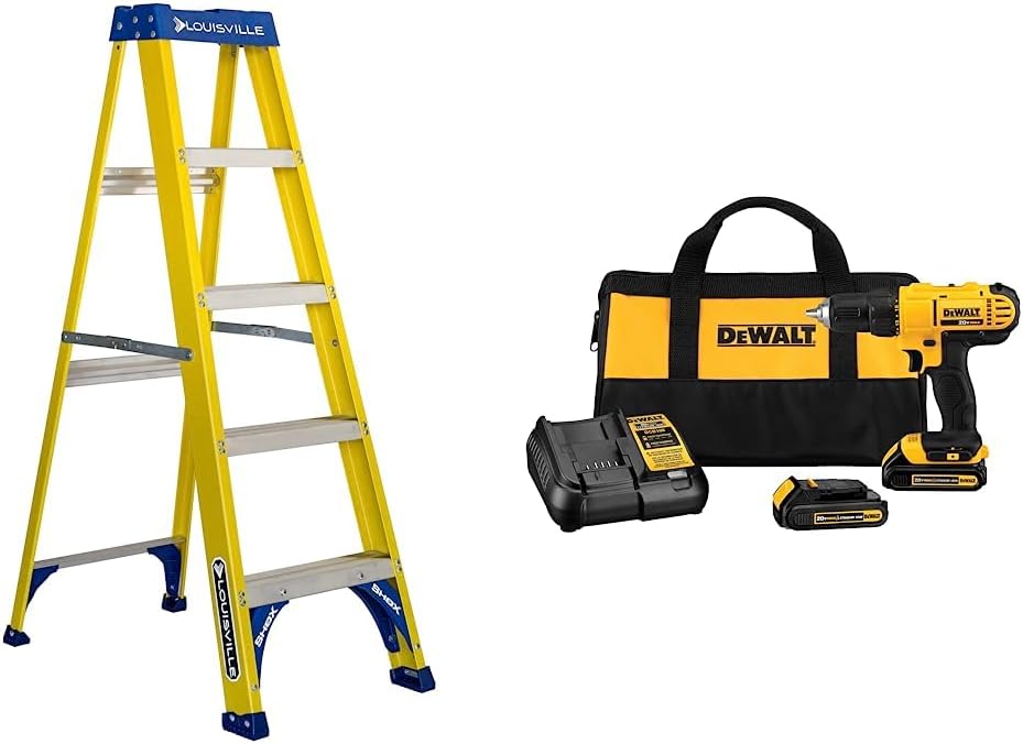 Louisville Ladder FS2005 Fiberglass Step Ladder, 5-Feet/250lb, Yellow and DEWALT 20V Max Cordless Drill/Driver Kit, Compact, 1/2-Inch (DCD771C2), Dewalt Yellow