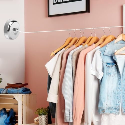 Image of Khedu Fab Stainless Steel Retractable Clothesline Lockable Hanging Washing Line, Wall-Mounted Wire Clothes line /Cloth Line Laundry Drying Rope for Indoor /Outdoor /Balcony (Silver)