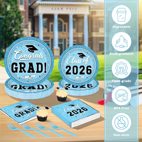 Image of QZYL 50 Set Graduation Party Supplies, Sky Blue Graduation Plates and Napkins 2026, Disposable Dessert Plates and Plastic Forks, 200Pcs Grad Party Tableware for Wedding, Birthday, Graduation