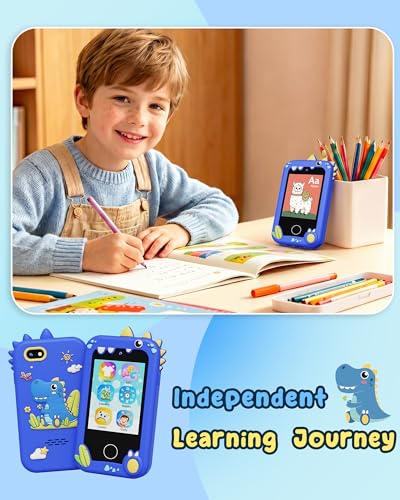 Image of UCIDCI Dinosaur Kids Smart Phone for Boy Dual Camera & Music Player Toddler Selfie Phone Toys Road Trip Toys with Learning Games, Christmas, Birthday Gifts for 3 4 5 6 7 Year Old Blue