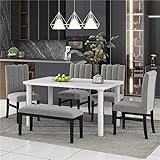Harper & Bright Designs 6-Piece Dining Set, Wood Dining Table with Marble Sticker Covered and 4  Flannelette Upholstered Dining Chairs & Bench, Kitchen Table Set