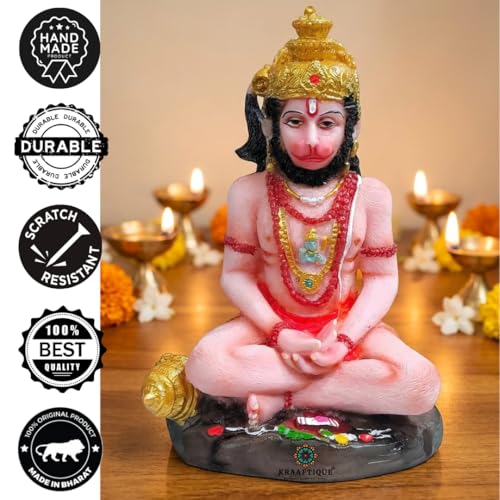 Image of Marble Dhyan Mudra Hanuman Ji Statue 5.5 Inch, Meditating Lord Hanuman Idol, Multicolor Glossy Finish for Home Temple & Decor