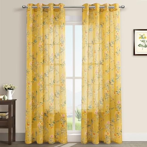 Image of XTMYI Mustard Yellow Floral Sheer Curtains, Fun Vintage Retro Botanical Patterned Window Panel for Living Room Kitchen, Chinoiserie Inspired Whimsical Hummingbird Spring Decor, 84 Inches Long