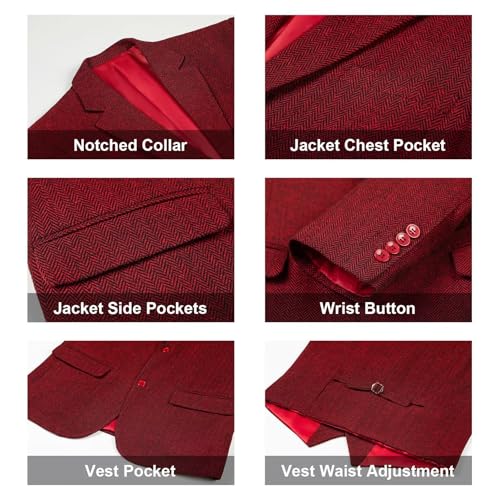 Image of Retro 3 Piece Suit Tweed Herringbone Men's Suits Slim Fit Jacket Vest Pant | Tweed Wool Blend Retro 3 Piece Suit Herringbone Men's Suits Vintage Wedding Groom Tux Set Dress Prom Single Breasted Jacket