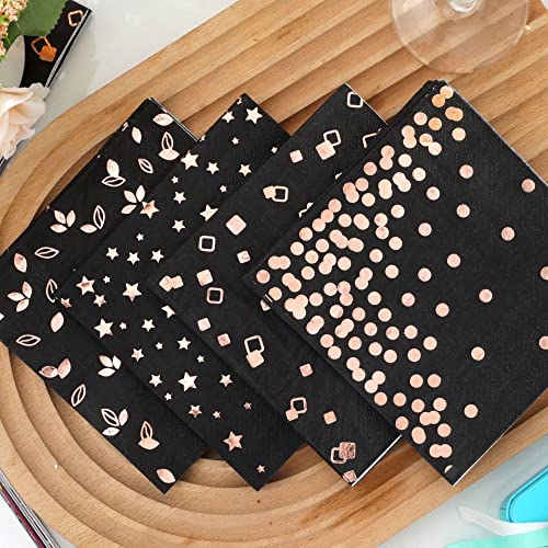 100 Black And Rose Gold Napkins - 4 Assorted Designs, 3-Ply Cocktail Napkins Folded 5X5 Inches Bar Napkins Disposable Beverage Party Napkins Paper Napkins Dinner For Wedding Birthday #TOP4