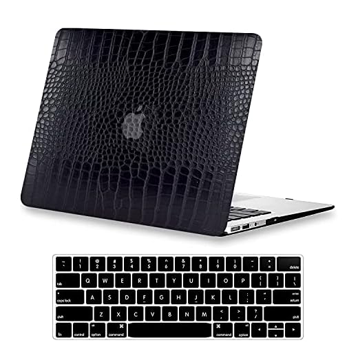 KEROM Crocodile Case for MacBook Air 13 inch 2021 2020 2019 2018 Model (M1) A2337/A2179/A1932, MacBook Air M1 Case, Crocodile Print Aligator Skin PU Leather Hard Shell & Keyboard Cover, Black