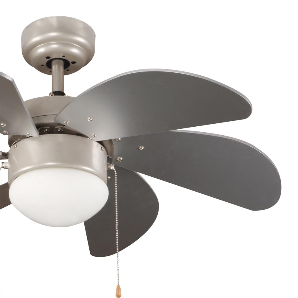 wonderlamp Ventilador de Techo Plata 76 cm con Motor AC 3 Velocidades, 6 Palas MDF, Función Verano Invierno, Casquillo E27, Apto Techos Inclinados 19°, NO TIENE MANDO A DISTANCIA