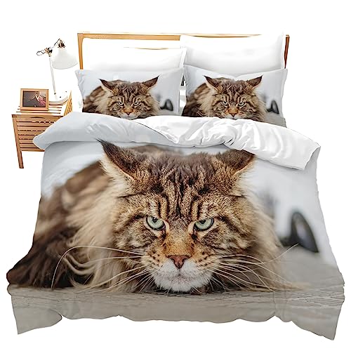 BIAFRA Juego de Ropa de Cama 105 cm de Microfibra Suave Funda de Edredón Gato Maine Coon Azul Claro Funda Nordica 200x200 cm con 2 Fundas de Almohada 50x75cm, con Cremallera