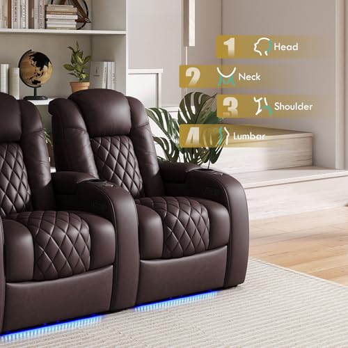 Image of Weilianda Home Theater Seating, Top Grain Leather Movie Theater Chair | Brown Row of 5 Loveseat Left, Zero Gravity, Power Headrest, Tray Table, Electric Reclining Seat for Media Room