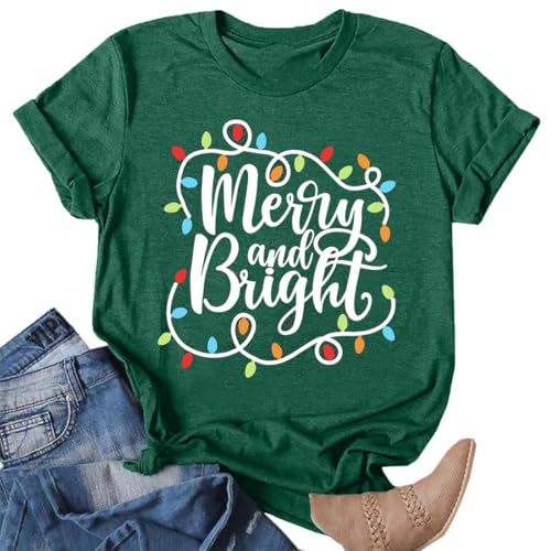 GERLEN Christmas Shirts Women Merry and Bright Xmas Holiday Tshirt Christmas Lights Casual Tee Tops Green — view 5