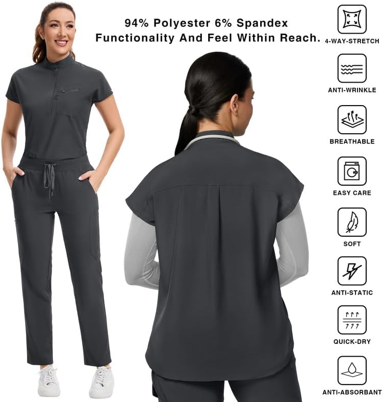 Kitmaz Women's Scrub Set - Convertible Mandarin/V-Neck Top & Straight Pants, 13 Pockets, Wrinkle & Splash Resistant Fabric - Image 5