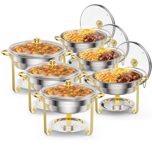 ROVSUN 5QT 6 Pack Chafing Dish Set Gold Accent, Round Stainless Steel Buffet Warmer Chafers with Glass Lid & Lid Holder for Catering Events Parties Weddings Dinner
