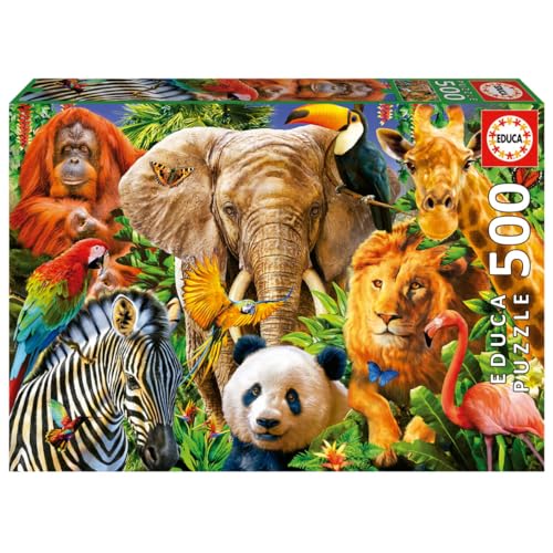 Educa - Collage Animaux Sauvages Puzzle 500 pièces | Lion Zèbre Éléphant Animaux Afrique | 48 x 34 cm | Dès 11 Ans (19550)