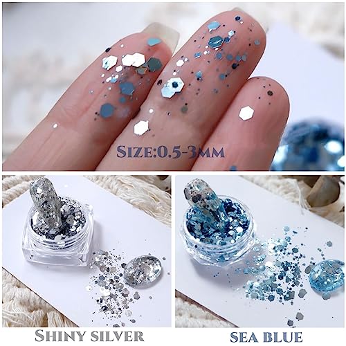 2 Box Nail Sequins Fine Glitter,Blue &Silver Sea Sequin Nail Jewelry Laser Hexagonal Patch,Ocean Glitter For Cosmetic Holographic Nail Glitters For Acrylic Nail Flakes For Resin #TOP5