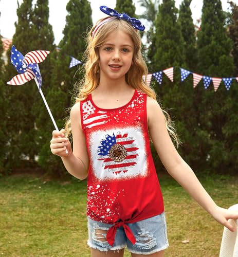 Image of July 4th Girls Patriotic Sleeveless Tie Knot Front Tank Top Stars Stripes Tee Shirt 4-14 Years