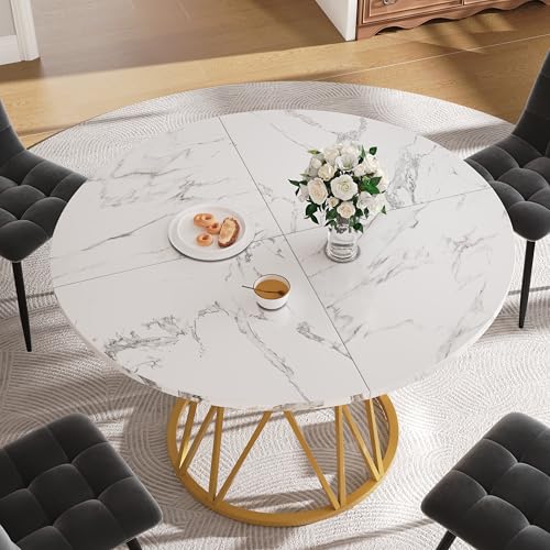 VIVCA Mesa de comedor redonda (100 x 100 x 76 cm), mesa de comedor de cocina, mesa de centro redonda para 4 personas, adecuada para comedor, salón, elegantes patas de metal, tablero de mármol MDF