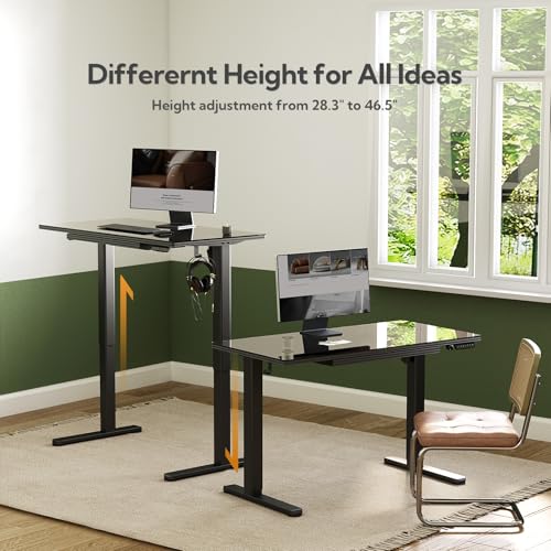 Image of INNOVAR Glass Standing Desk with Drawers, 40 x 24 Inches Electric Height Adjustable Desk, Tempered Glass Top Stand Up Desks for Home and Office, Black