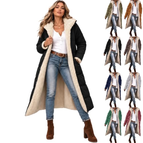 Image of Winter Coats For Women,Long Winter Coats For Women Black Warm Oversized Thermal Reversible Sherpa Fleece Puffer Shearling Long Sleeve Down Parkas Jackets Outerwear With Hood,L