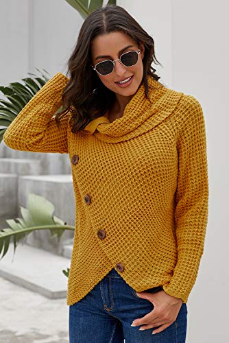 Women's Button Turtle Cowl Neck Sweater Asymmetric Hem Wrap Knitted Pullover Casual Jumper Tops2