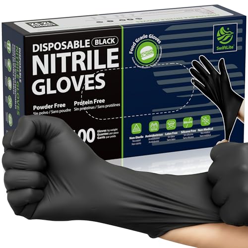 SWIFTLITE Nitrile Gloves Disposable Latex Free, 4 Mil Black Food Grade Powder Free Rubber Gloves for...