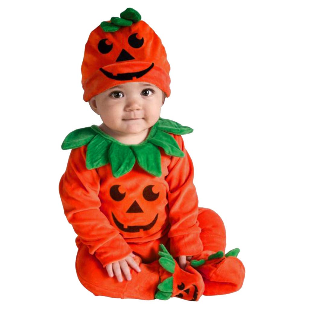 ArestoryBaby Boys Girls Halloween Outfits My 1st Halloween 3PCS Suit Party Fancy Dress Up Cosplay Costume Pumpkin Playsuit Romper Hat Socks Clothes Set Long Sleeve Flannel Jumpsuit Photo Shoot for Children