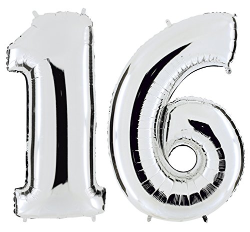 PartyMarty Ballon Zahl 16 in Silber - XXL Riesenzahl 100cm - zum 16. Geburtstag - Party Geschenk Dekoration Folienballon Luftballon Happy Birthday Jubiläum EU Ware in Europa Hergestellt