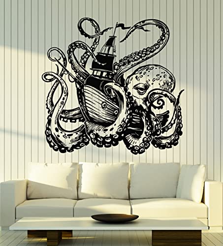 Large Vinyl Wall Decal Octopus Sea Ship Tentacles Nautical Decor Kraken Stickers Mural (G7472) Black #TOP8