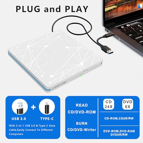 Image of External CD /DVD Drive for Laptop, USB CD Drive, USB C Plug and Play Optical Drive, Portable CD Burner, Compatible Windows 11 /10 /8 /7 XP Linux MacOS, w /Storage Bag & 4 disc Bags