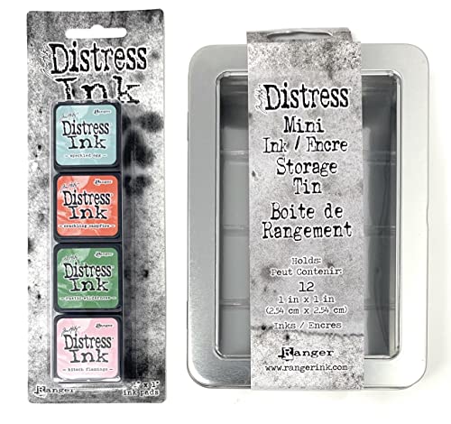 Ranger Tim Holtz Mini Distress Ink Kit #16, Speckled Egg, Kitsch Flamingo, Crackling Campfire, Rustic Wilderness, 4 Mini Ink Pads, Watercolor, Tin Container
