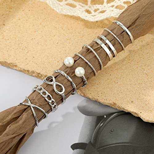 Rrdaily 9 Pieces Trendy Wireless Hollow Stacking Rings Set For Women Girls,Cute Pearl Classic Stackable Knuckle Rings Thin Dainty Silver Rings Jewelry (Silver) #TOP1