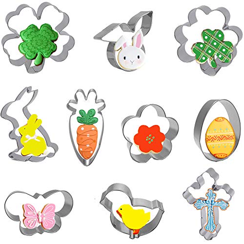 Bonropin 10PCS Easter Cookie Cutters Set With BunnyCarrotEggFour leaf cloverShamrockButterflyFlowerPetalChickCross